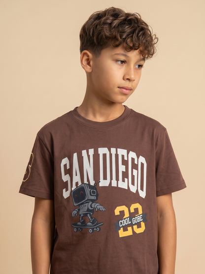 Kids' Brown "SAN DIEGO" Graphic Printed T-Shirt and Track Pants Set
