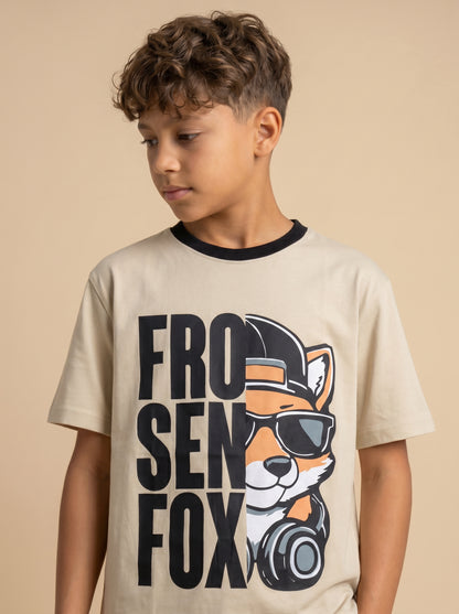 Kids' Beige "FROSEN FOX" Graphic Printed T-Shirt and Cargo Track Pants Set