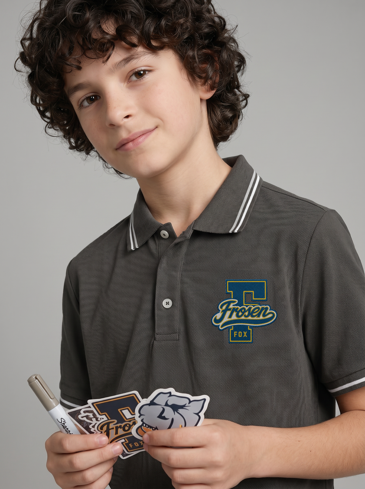 Boys' Charcoal Grey Polo T-Shirt | Contrast Stripe Collar & Chest Graphic