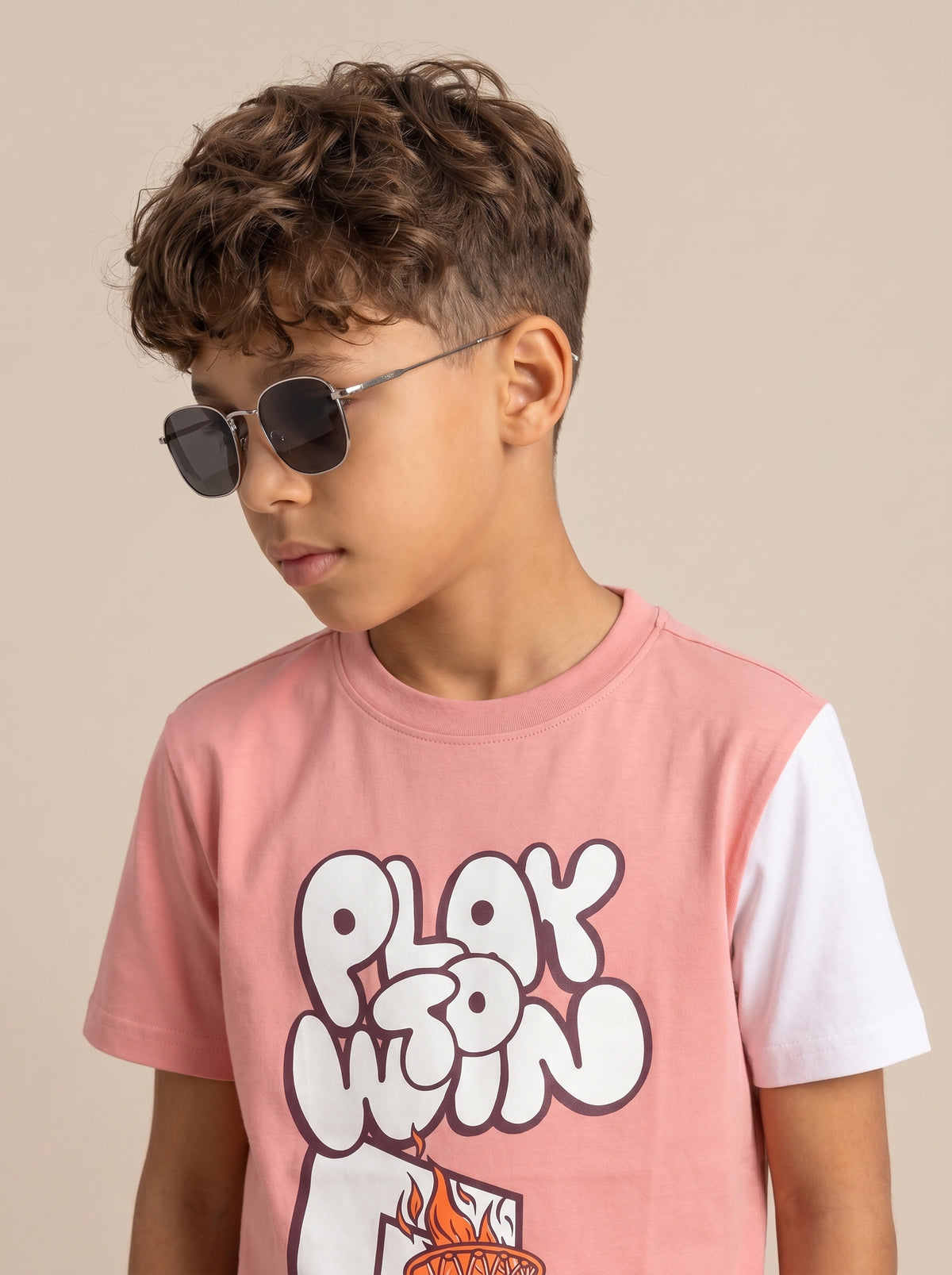 Kids' Coral "PLAY TO WIN" Basketball Graphic T-Shirt and Track Pants Set
