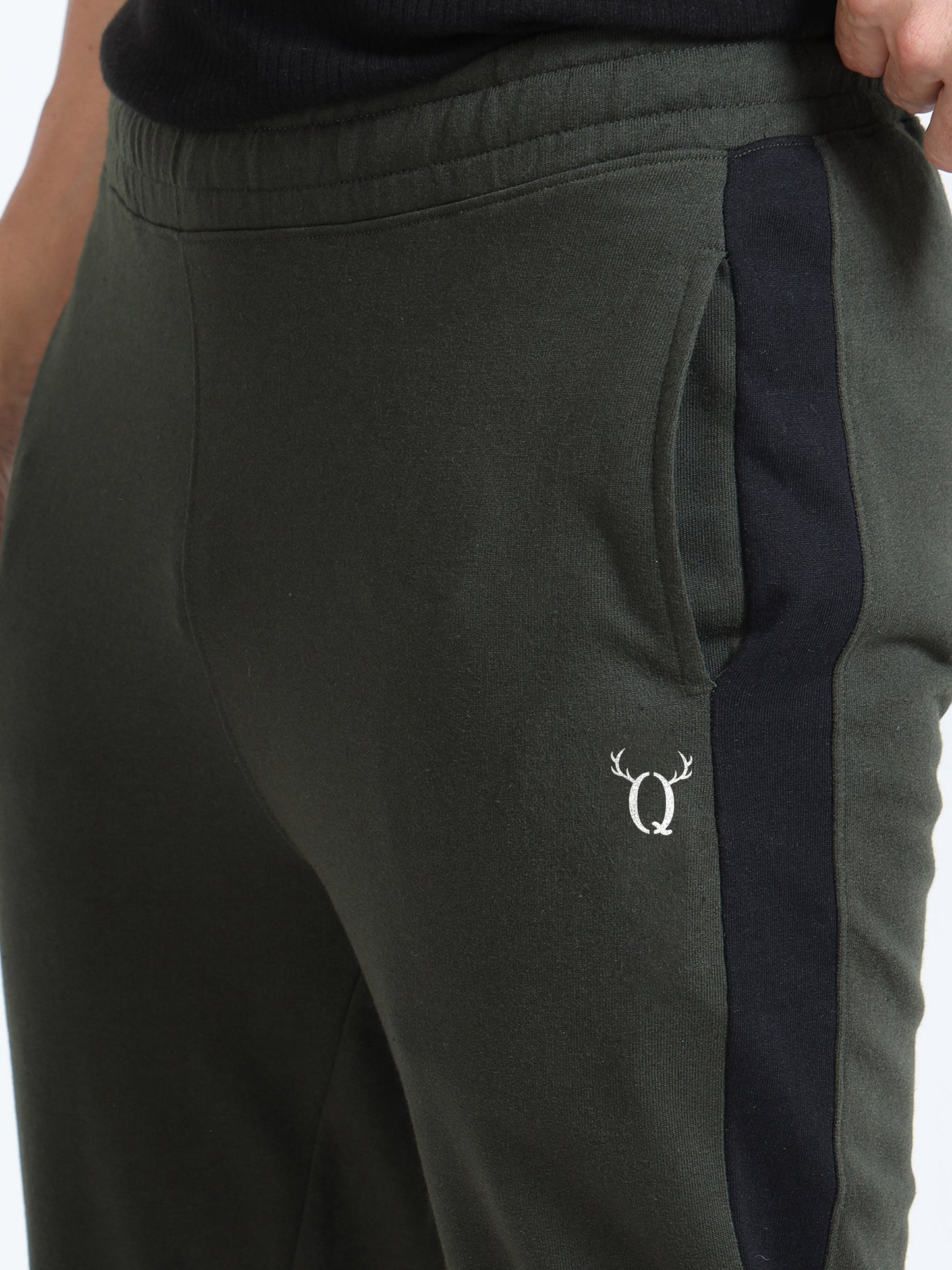 Men’s Olive Cotton Blend Joggers with Black Panel Design | Regular Fit Athleisure Track Pants