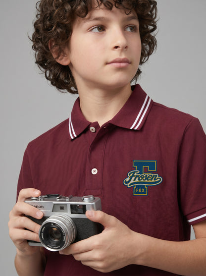 Boys' Maroon Solid Polo T-Shirt | Contrast Stripe Collar & Sleeve Detail