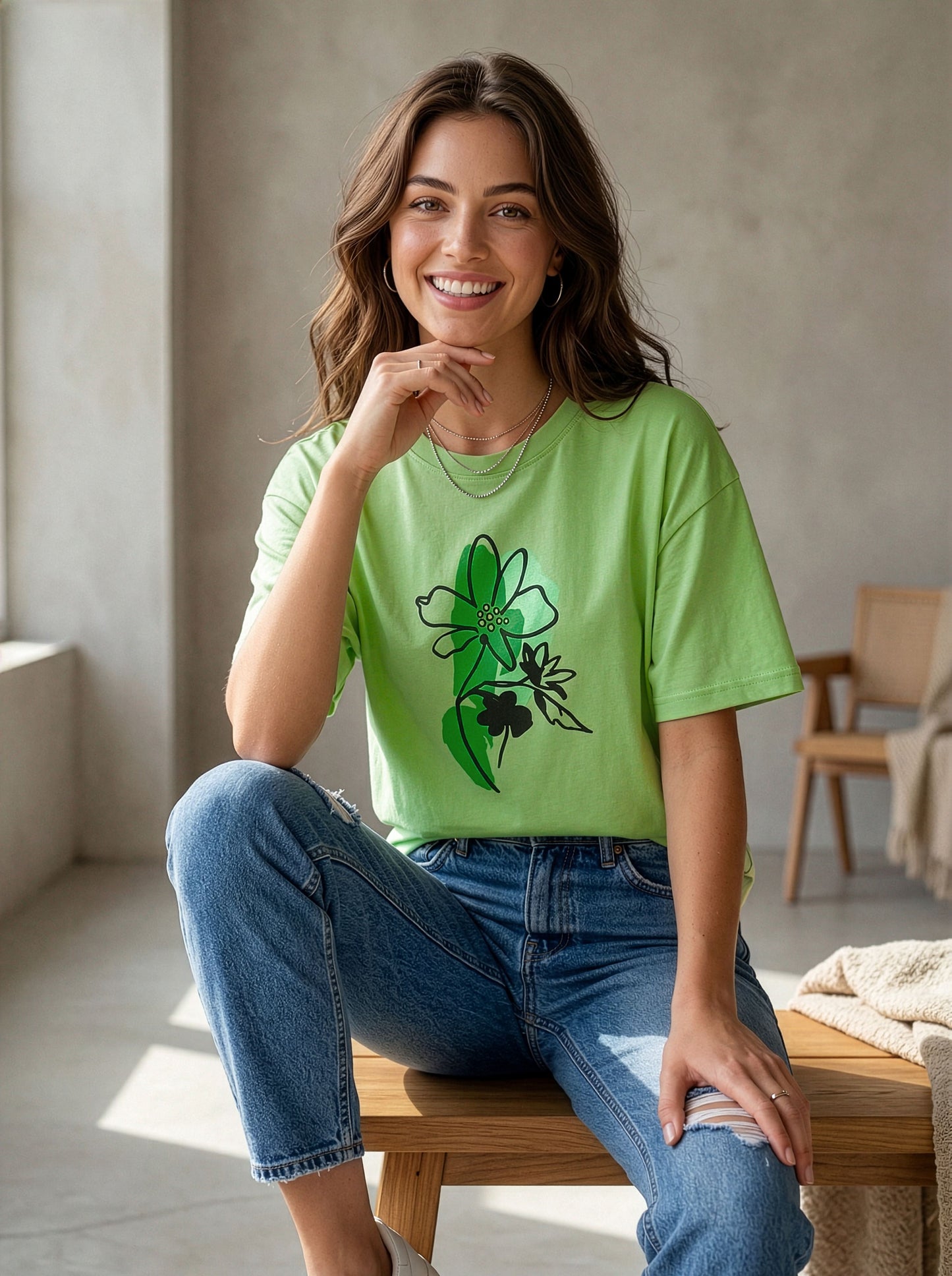 Women’s Oversized Cotton T-Shirt – Floral Print Casual Drop Shoulder Tee
