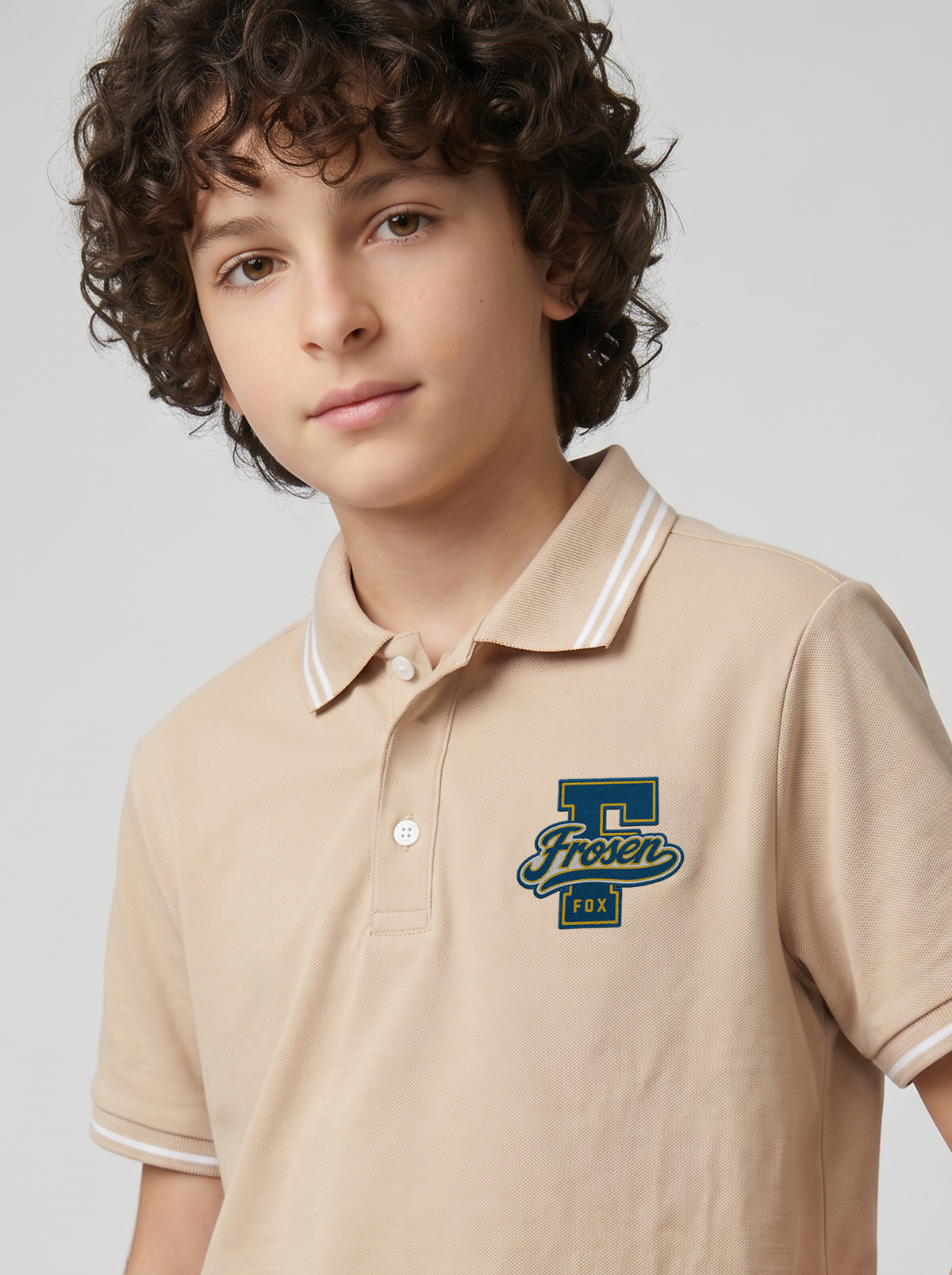Boys' Beige Polo T-Shirt | Contrast Stripe Collar & Chest Graphic