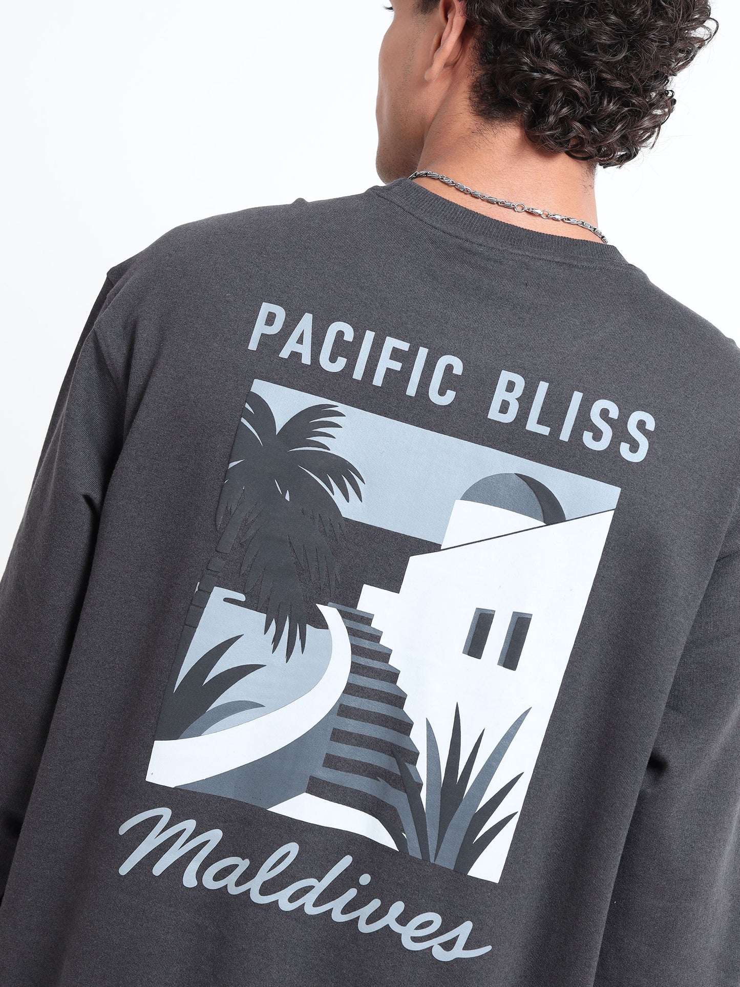 Men’s Charcoal Oversized Sweatshirt | Pacific Bliss Maldives Back Print Crewneck