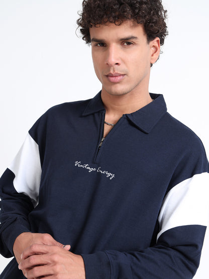 Men’s Navy Blue Half-Zip Sweatshirt | Vintage Energy Printed Oversized Pullover