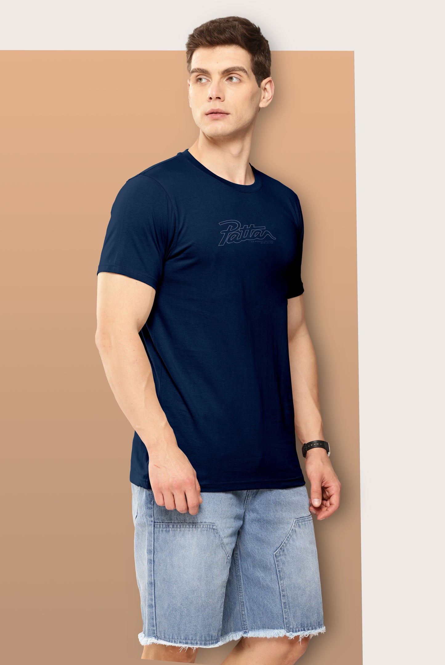 Men Navy Solid Embossed Logo Round Neck T-Shirt