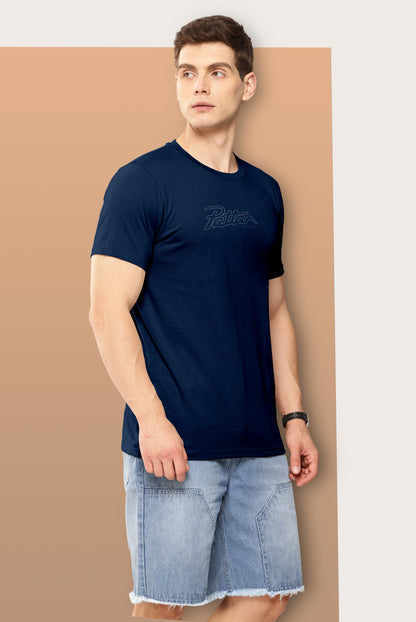 Men Navy Solid Embossed Logo Round Neck T-Shirt