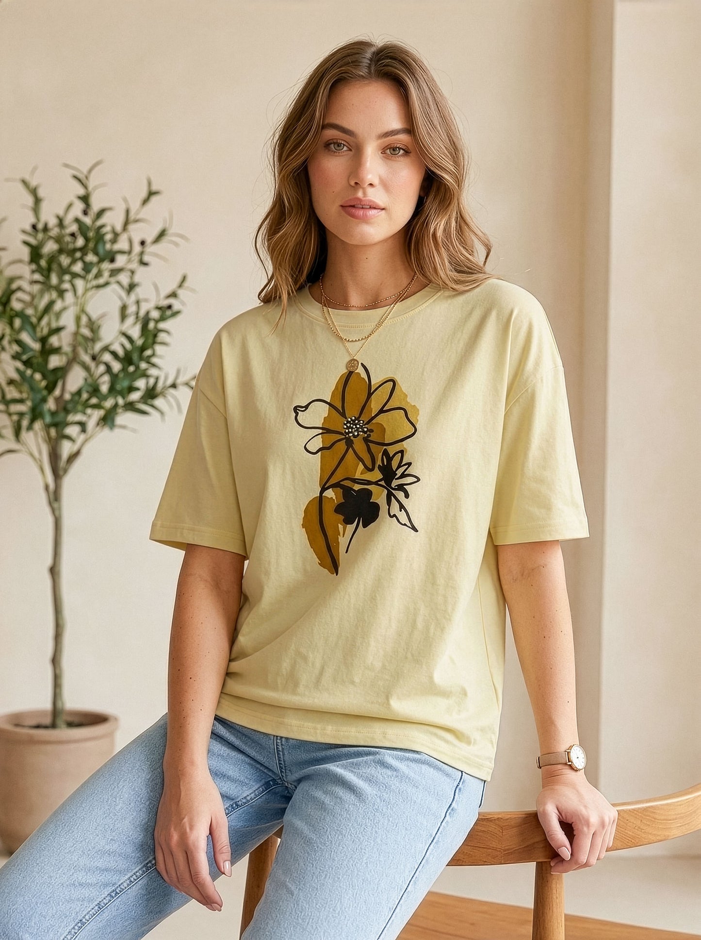 Women Floral Graphic Oversized T-Shirt Cotton Casual Oversized Drop Shoulder Tee