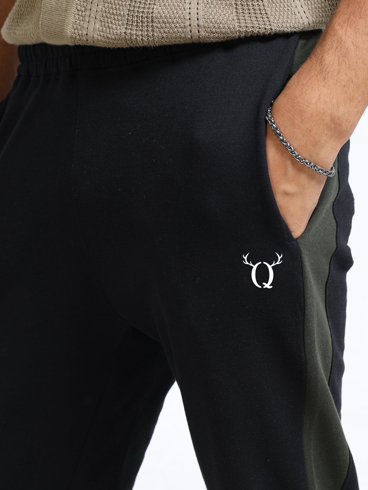 Men’s Black Cotton Blend Track Pants with Olive Side Panel | Regular Fit Fit Joggers for Gym & Casual Wear