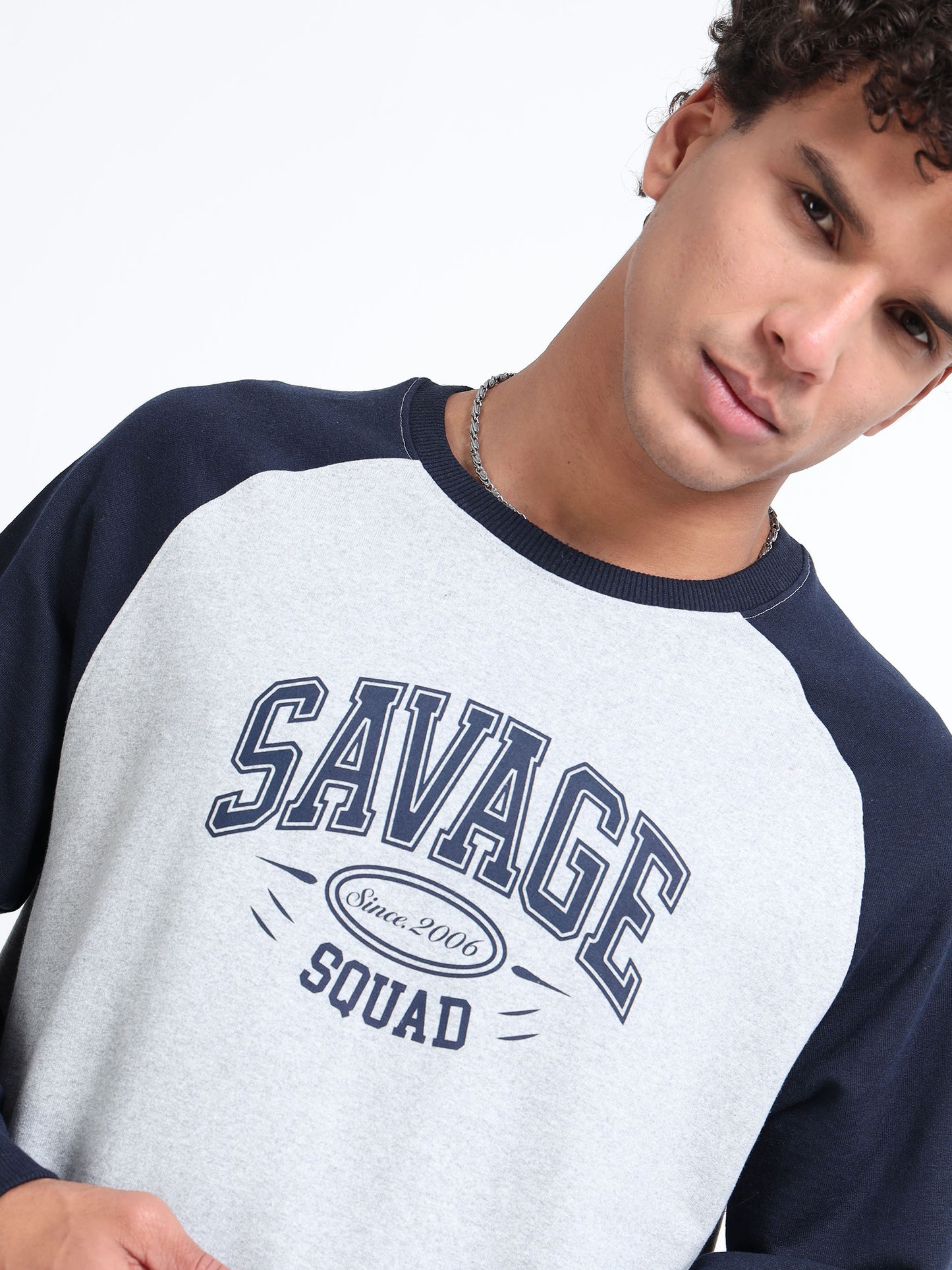 Men’s Grey & Navy Raglan Sweatshirt | Savage Squad Printed Crewneck