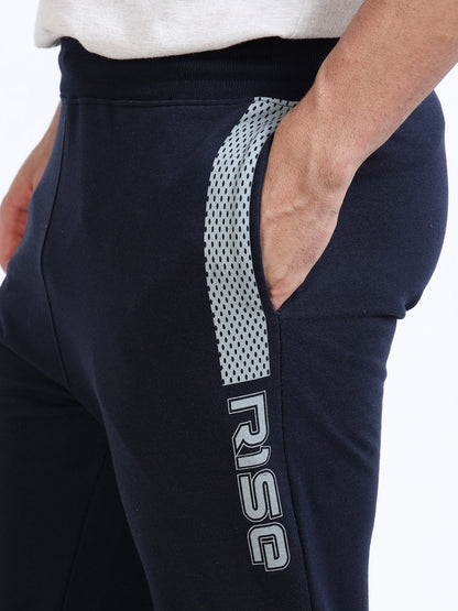 Stylish Men’s Navy Blue Joggers | Printed Design | Mid-Rise | Casual & Gym