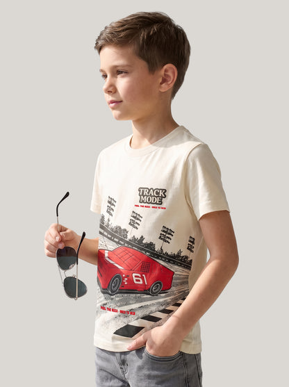 Kids' Cream Racing Car Graphic T-Shirt | Casual Everyday Wear
