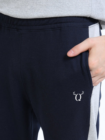 Men’s Navy Blue Cotton Blend Trackpant with Grey Side Panel | Regular Track Pants for Casual & Gym Wear