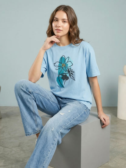 Women Oversized Cotton T-Shirt Floral Print Casual Oversized Drop Shoulder Tee