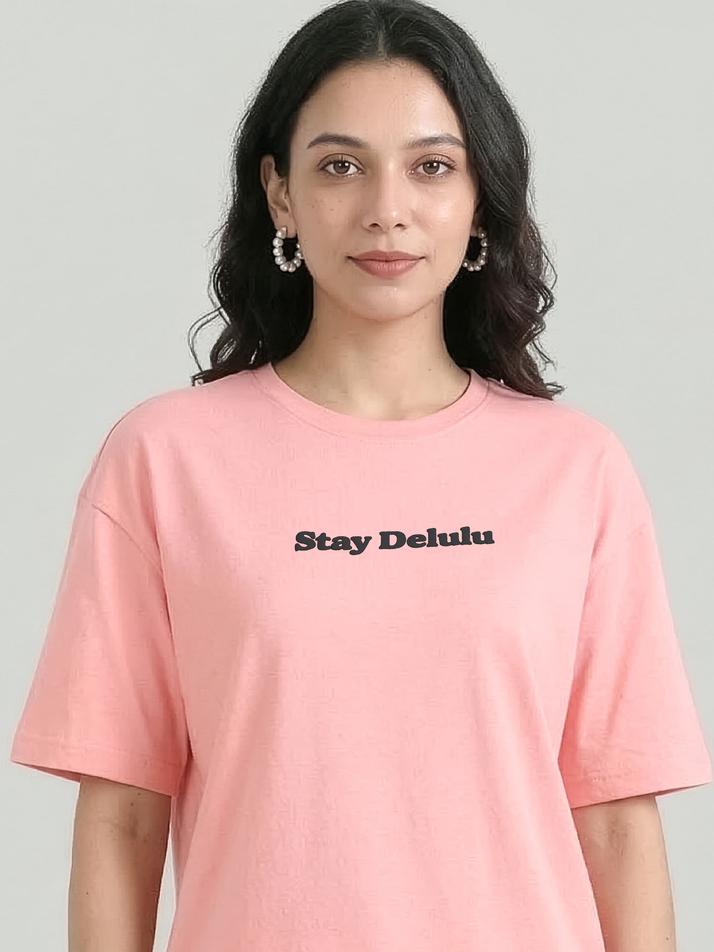 Women’s Oversized Peach Tshirt – Stay Delulu Graphic Tee