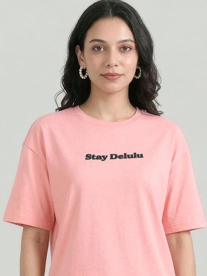 Women’s Oversized Peach Tshirt – Stay Delulu Graphic Tee