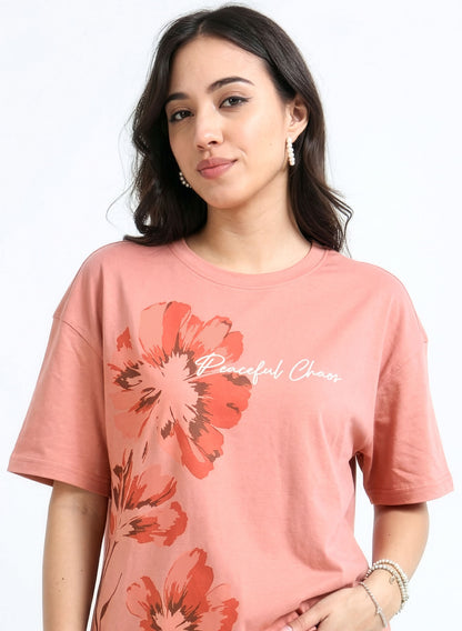 Womens Peach Oversized Floral Graphic T-Shirt – Peaceful Chaos