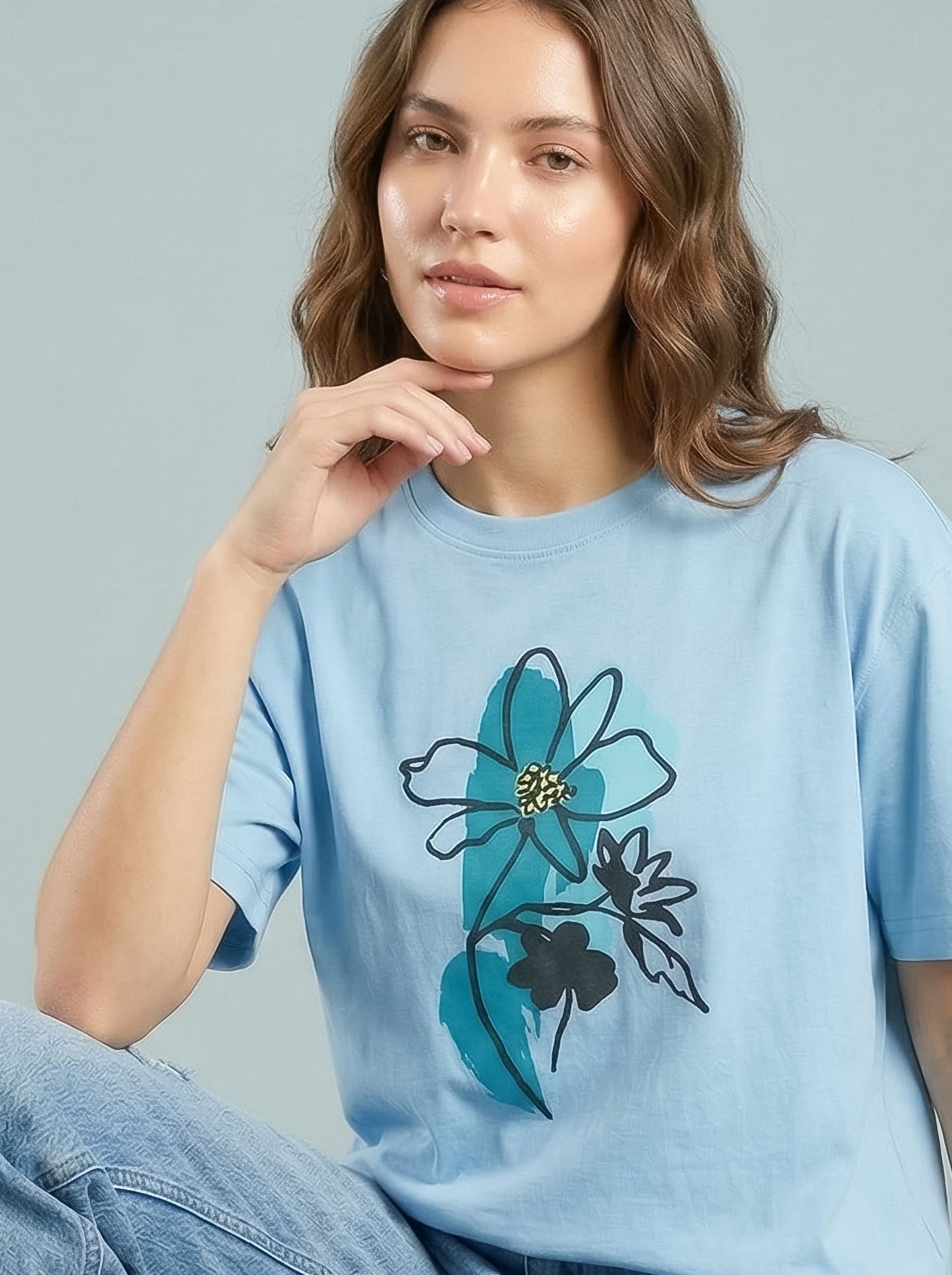 Women Oversized Cotton T-Shirt Floral Print Casual Oversized Drop Shoulder Tee