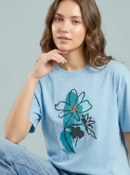 Women Oversized Cotton T-Shirt Floral Print Casual Oversized Drop Shoulder Tee