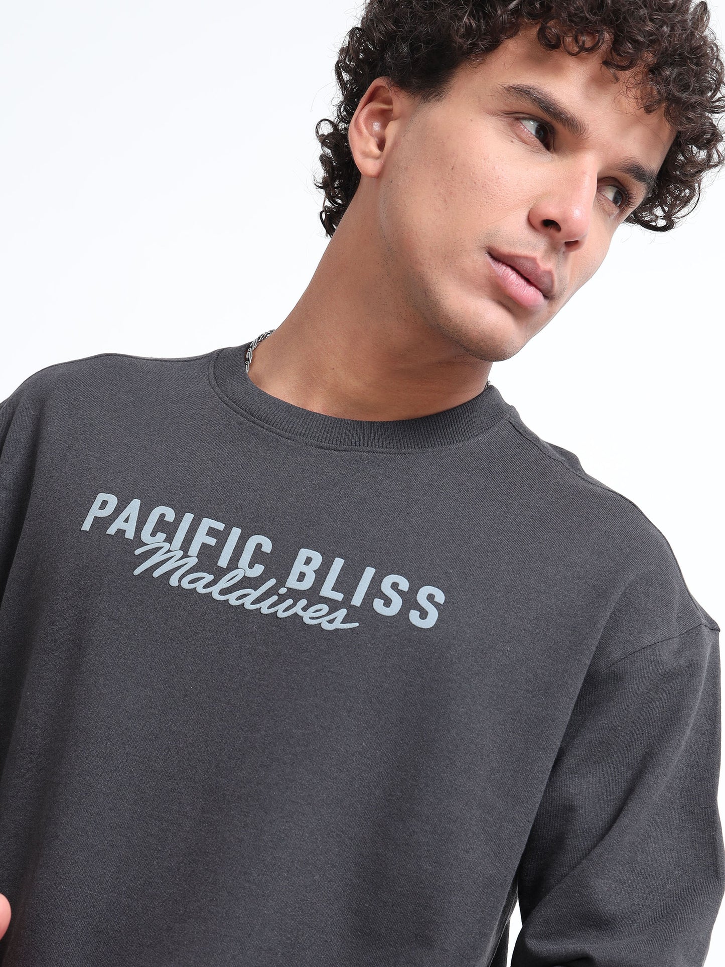 Men’s Charcoal Oversized Sweatshirt | Pacific Bliss Maldives Back Print Crewneck