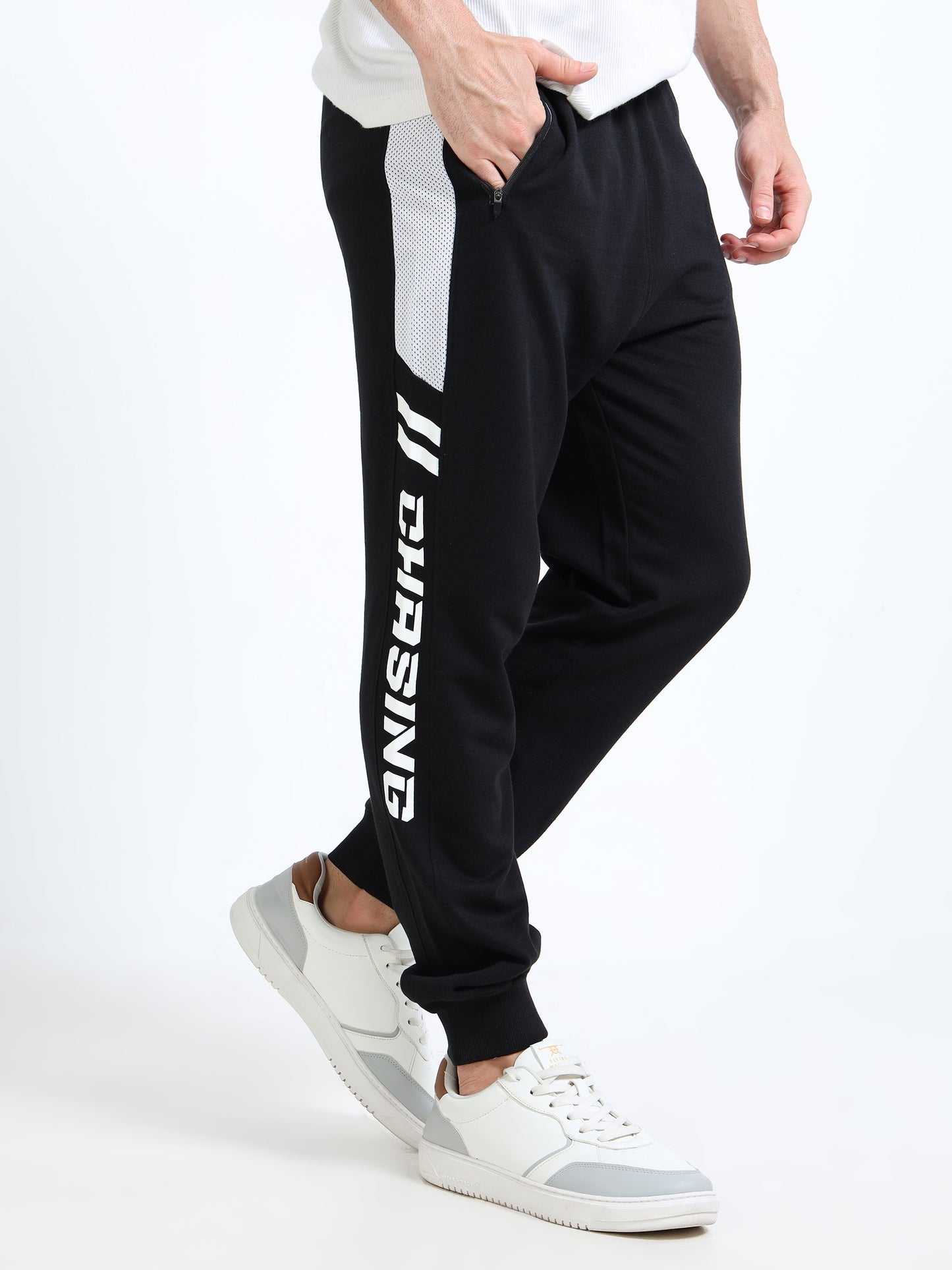 Men’s Black Printed Regular Fit Joggers | Mid-Rise | Zip Pocket | Elasticated Waist