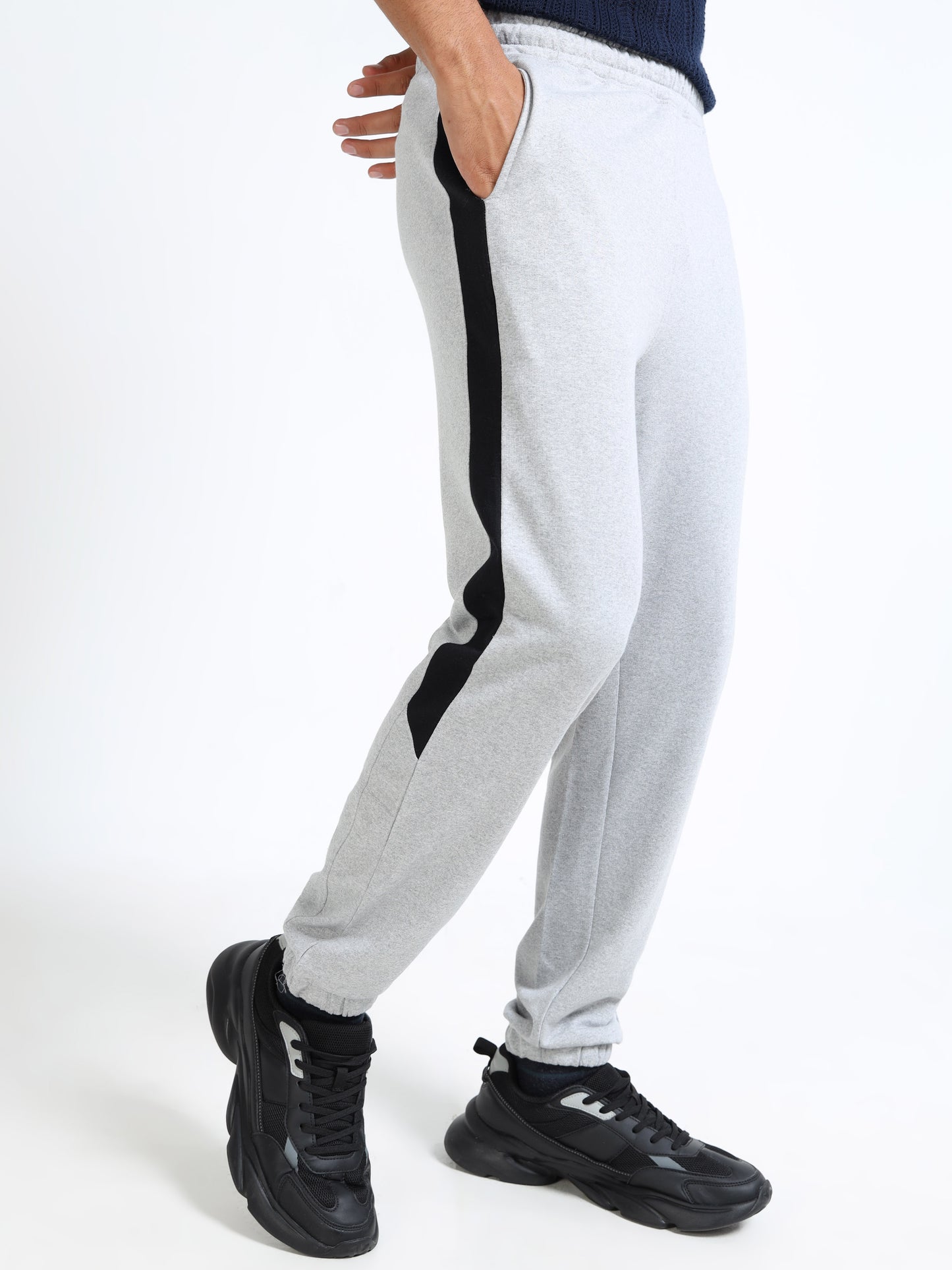 Men’s Grey Cotton Blend Joggers with Black Side Panel | Regular Fit Track Pants for Gym & Casual Wear