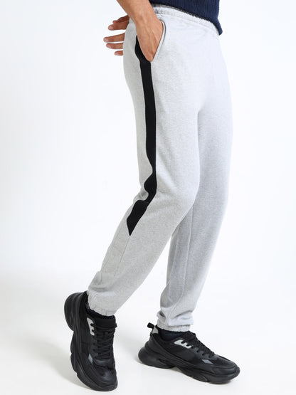 Men’s Grey Cotton Blend Joggers with Black Side Panel | Regular Fit Track Pants for Gym & Casual Wear