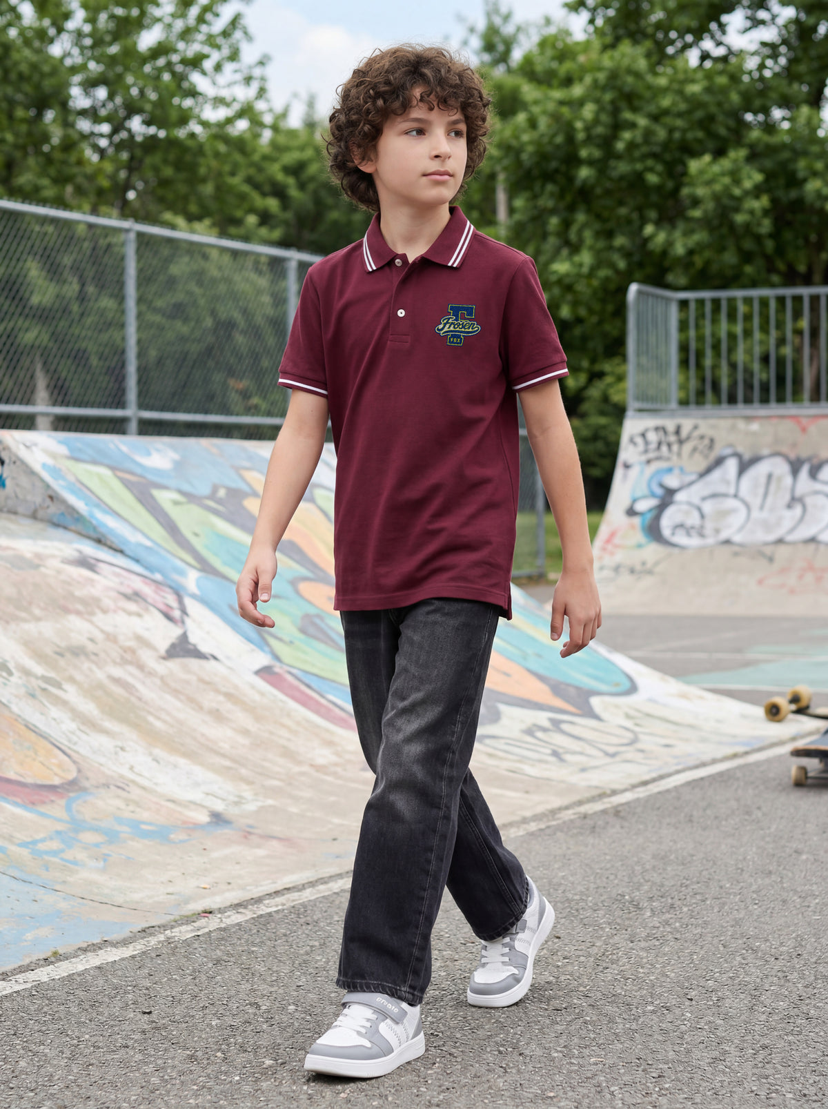 Boys' Maroon Solid Polo T-Shirt | Contrast Stripe Collar & Sleeve Detail