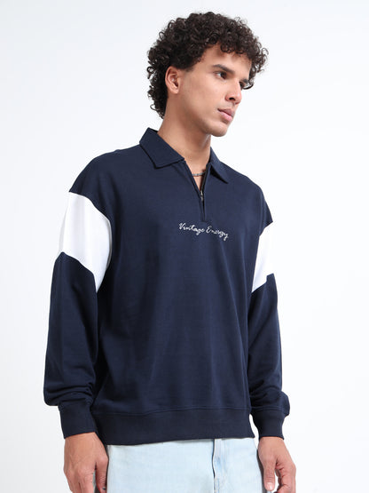 Men’s Navy Blue Half-Zip Sweatshirt | Vintage Energy Printed Oversized Pullover