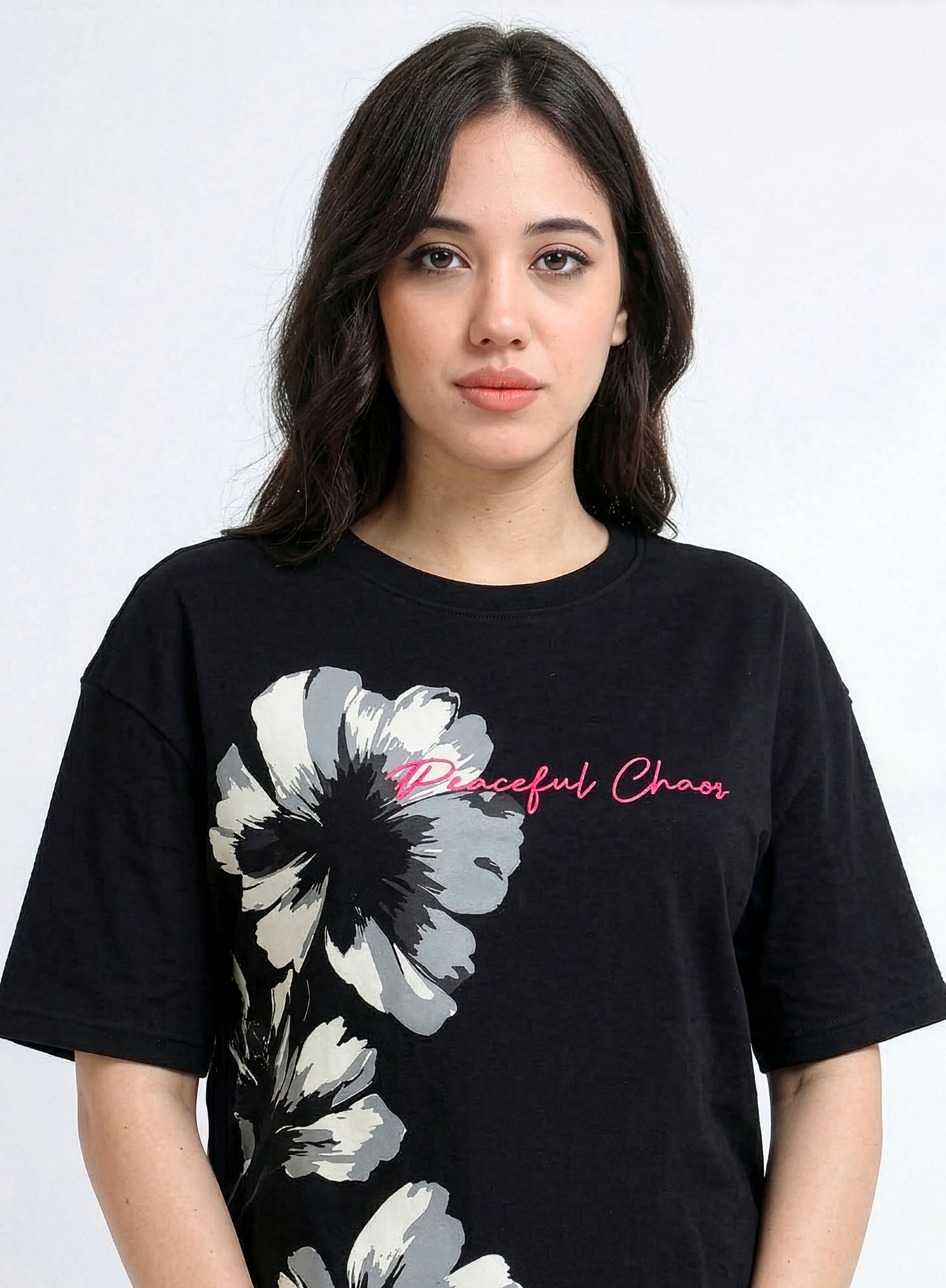 Womens Black Oversized Floral Graphic T-Shirt – Peaceful Chaos
