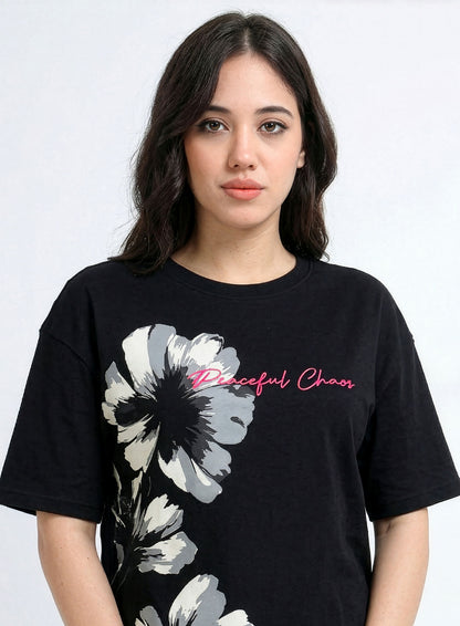 Womens Black Oversized Floral Graphic T-Shirt – Peaceful Chaos