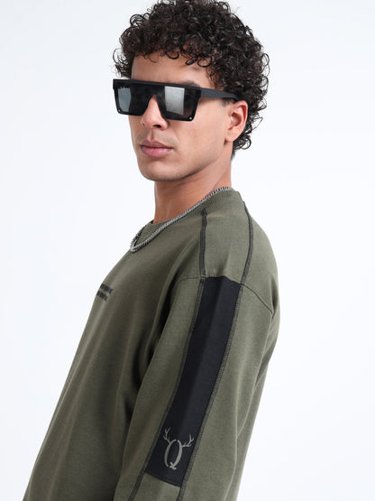 Men’s Olive Green Oversized Sweatshirt | Motivational Printed Round neck Pullover