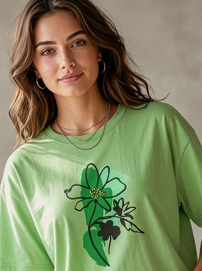 Women’s Oversized Cotton T-Shirt – Floral Print Casual Drop Shoulder Tee