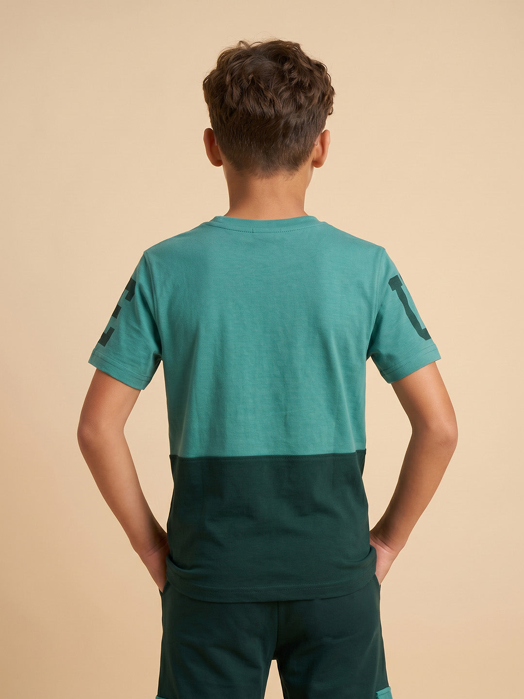 Kids' Teal and Dark Mint Colorblock Graphic T-Shirt and Cargo Track Pants Set