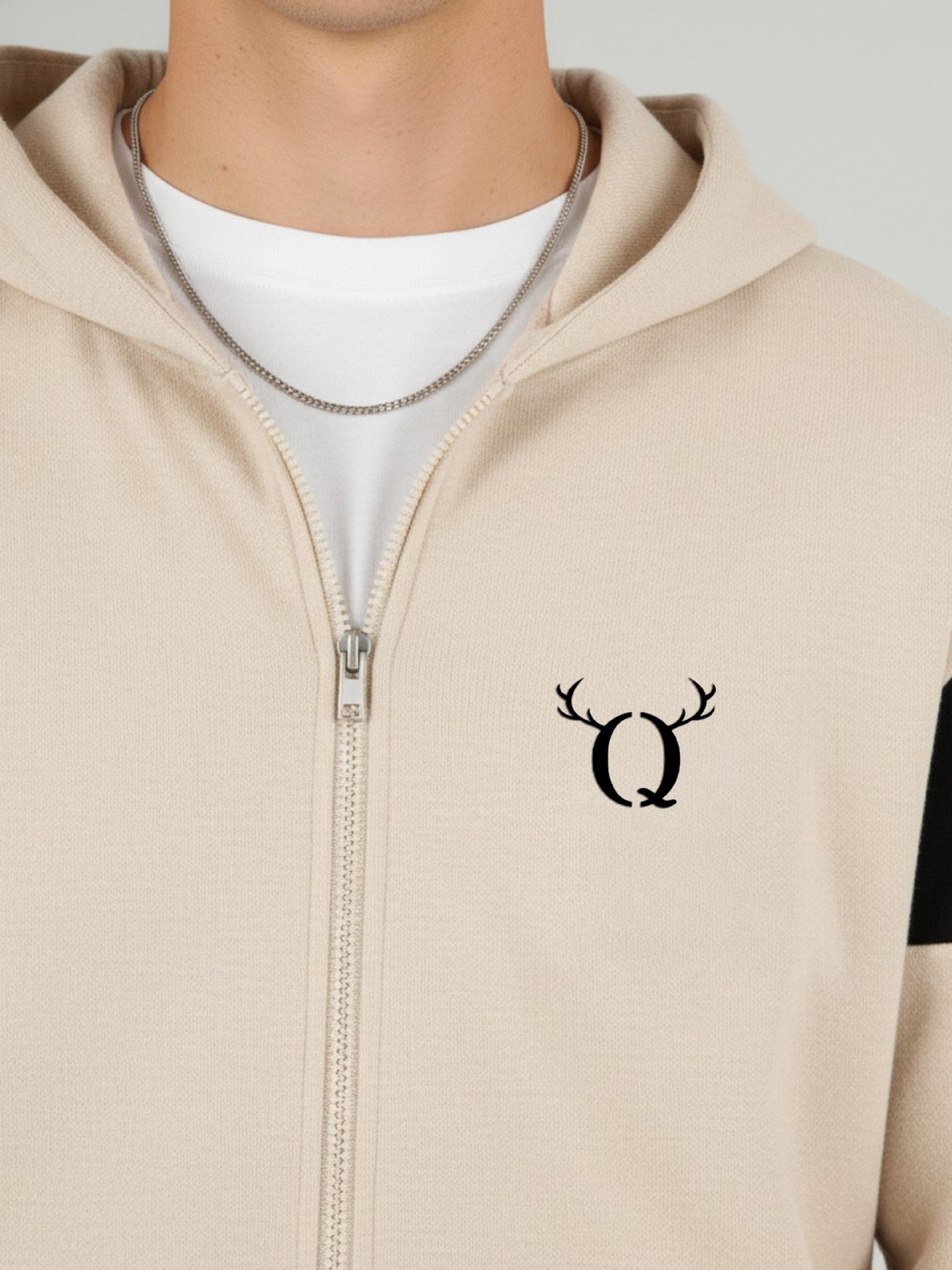 Men’s Beige Hooded Zip-Up Sweatshirt – Casual Cotton Blend Full Sleeve Hoodie Jacket