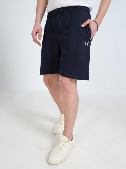 Men’s Navy Cotton Blend Shorts with Minimal Logo | Regular Fit Casual & Athleisure Shorts