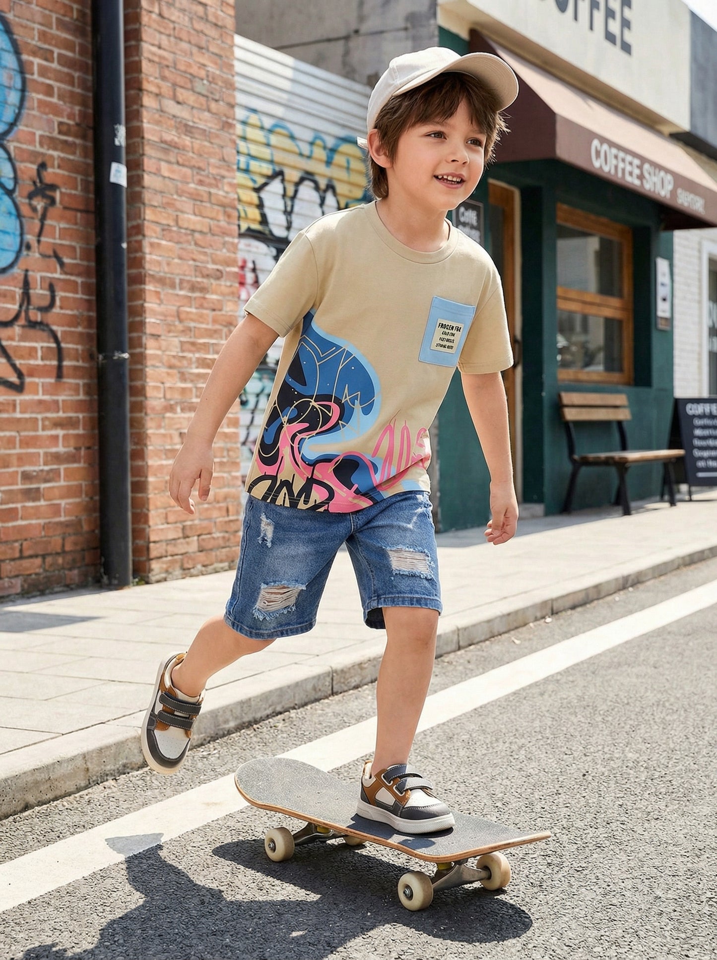 Boys Beige Graphic Print T-Shirt with Pocket
