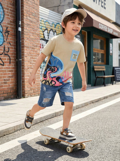 Boys Beige Graphic Print T-Shirt with Pocket