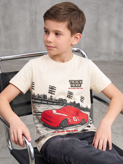 Kids' Cream Racing Car Graphic T-Shirt | Casual Everyday Wear