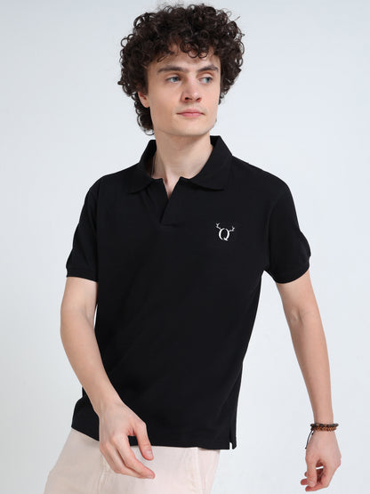 Men’s Black Cotton Blend Polo T-Shirt with Minimal Chest Logo | Regular Fit Casual Tee