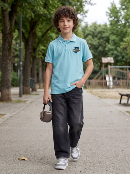 Kids' Light Blue Polo T-Shirt with Logo Print | Casual Everyday Wear