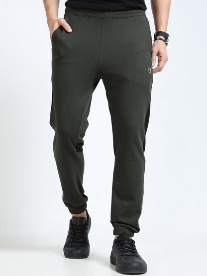 Men’s Olive Cotton Blend Joggers with Black Panel Design | Regular Fit Athleisure Track Pants