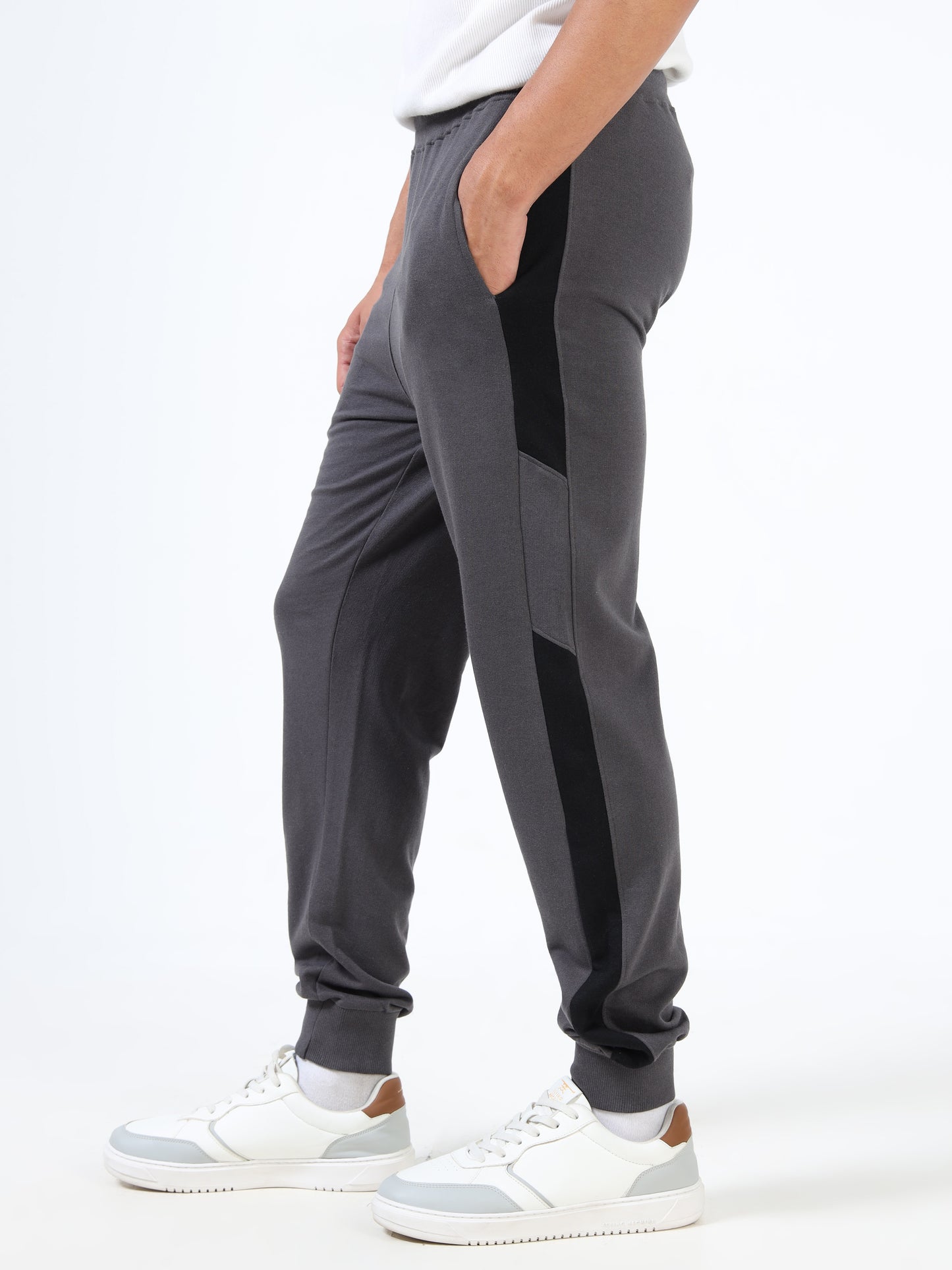 Premium Colourblocked Joggers for Men | Grey-Black | Elasticated Waist | Drawstring Closur
