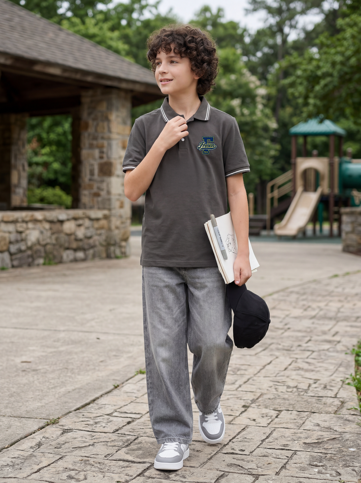 Boys' Charcoal Grey Polo T-Shirt | Contrast Stripe Collar & Chest Graphic