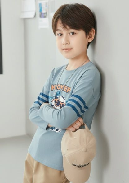 Boys Graphic Print Long Sleeve T-Shirt with Striped Sleeves