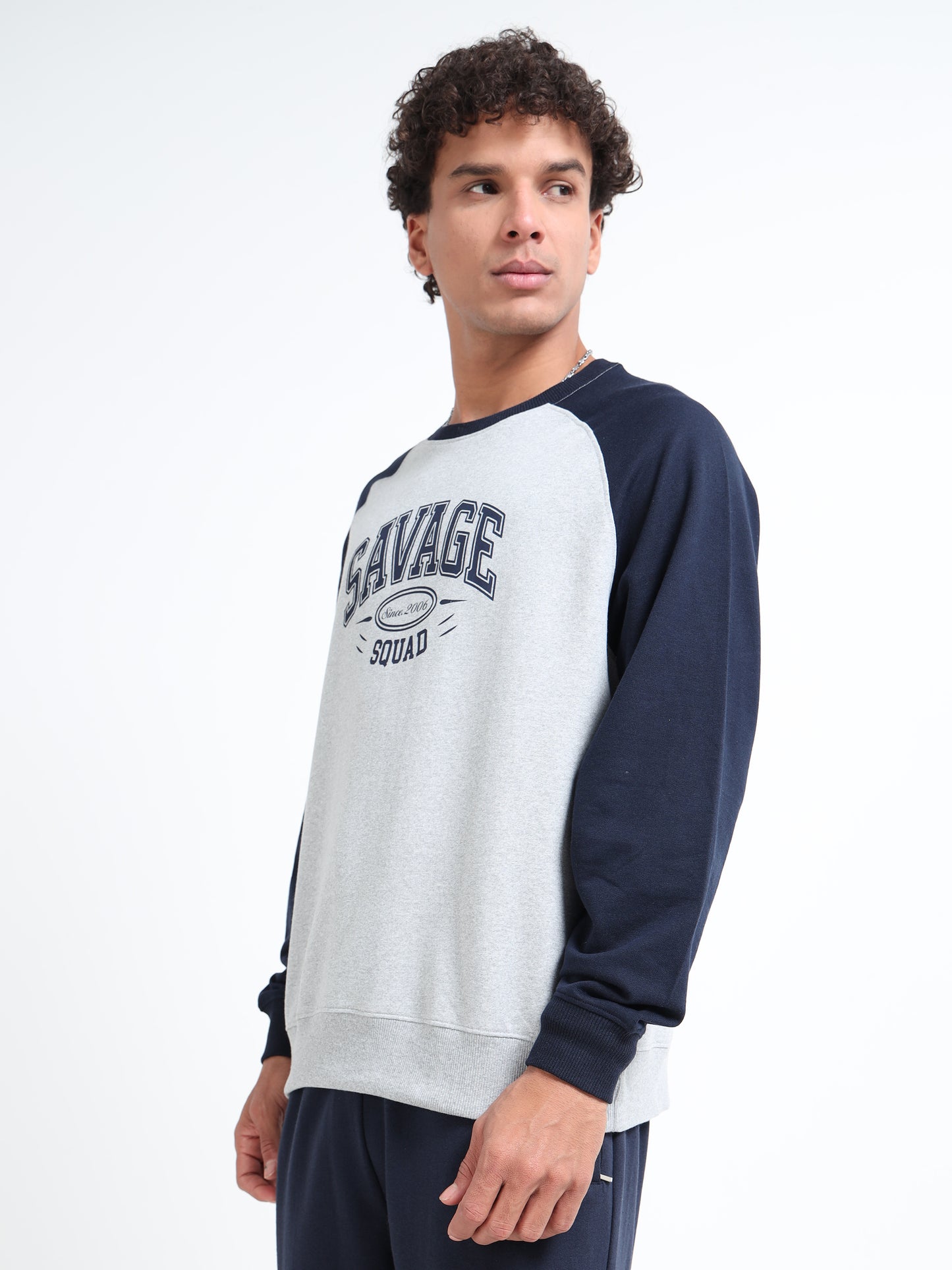 Men’s Grey & Navy Raglan Sweatshirt | Savage Squad Printed Crewneck