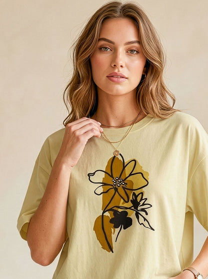 Women Floral Graphic Oversized T-Shirt Cotton Casual Oversized Drop Shoulder Tee