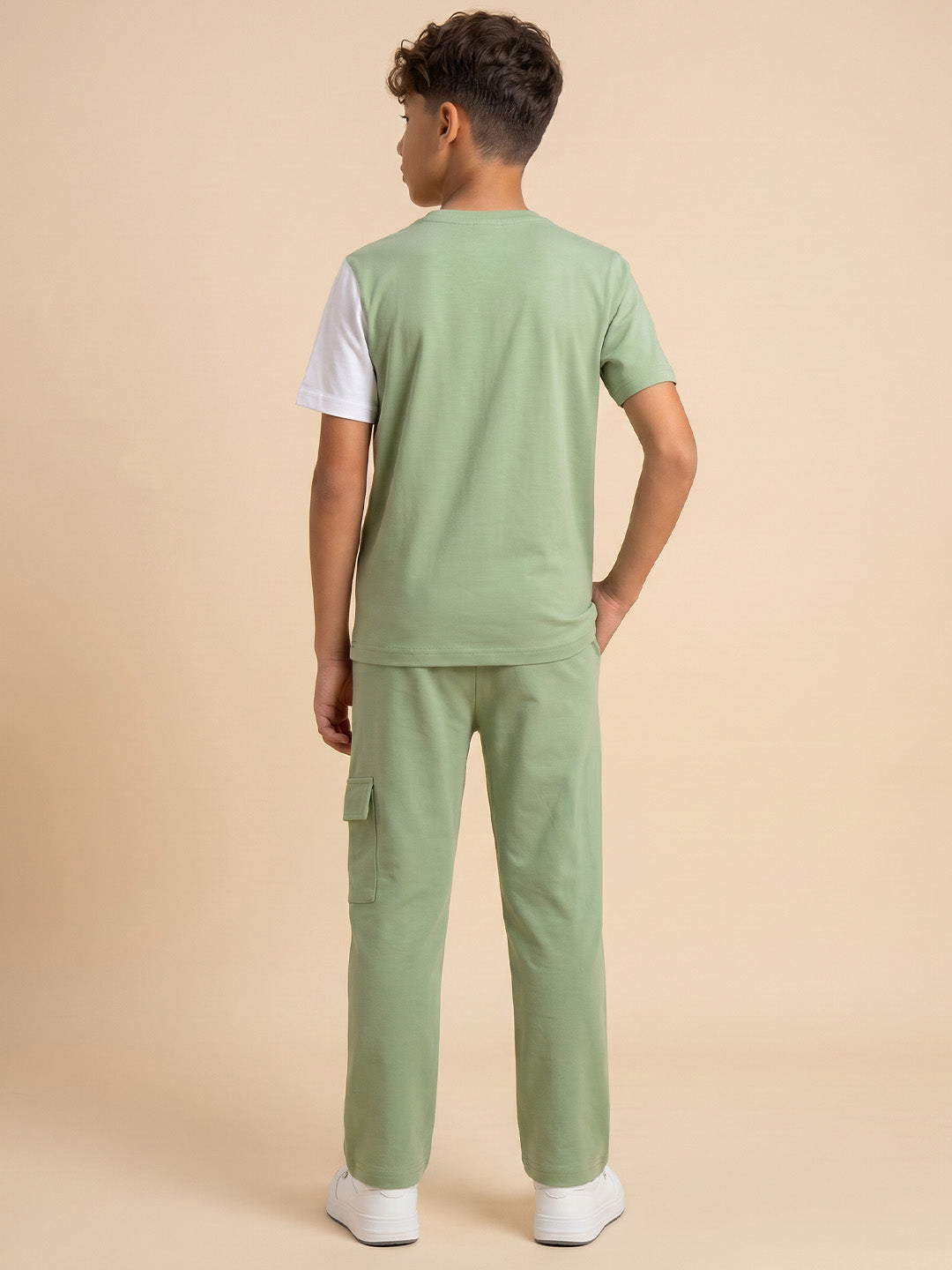 Kids' Sage Green and White Colorblock Graphic T-Shirt and Track Pants Set