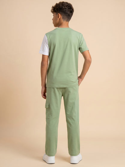 Kids' Sage Green and White Colorblock Graphic T-Shirt and Track Pants Set